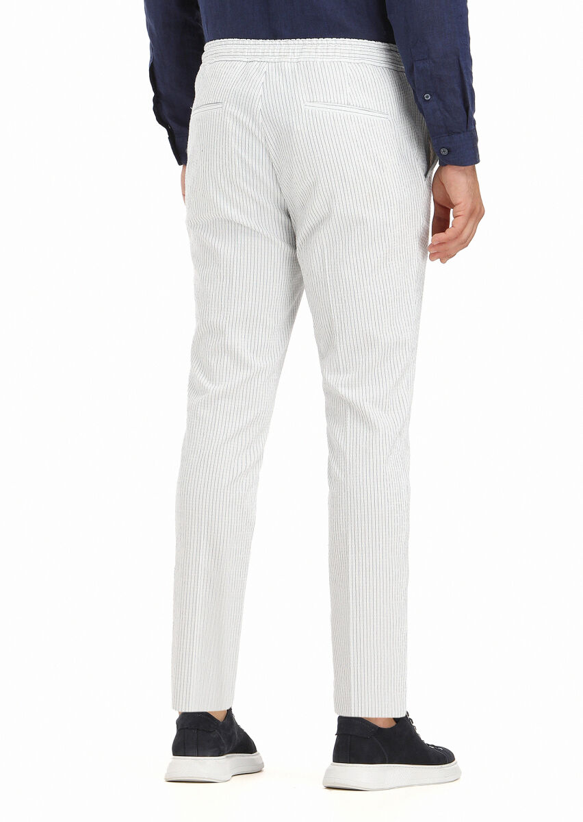 Beyaz Çizgili Dokuma Jogging Fit Casual Pamuk Karışımlı Pantolon - 3
