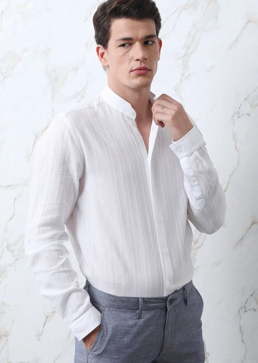 Beyaz Çizgili Regular Fit Dokuma Casual %100 Pamuk Gömlek - 2