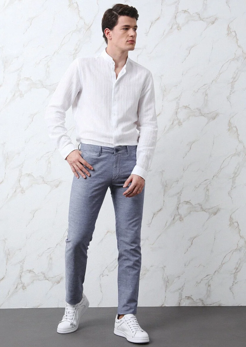 Beyaz Çizgili Regular Fit Dokuma Casual %100 Pamuk Gömlek - 3