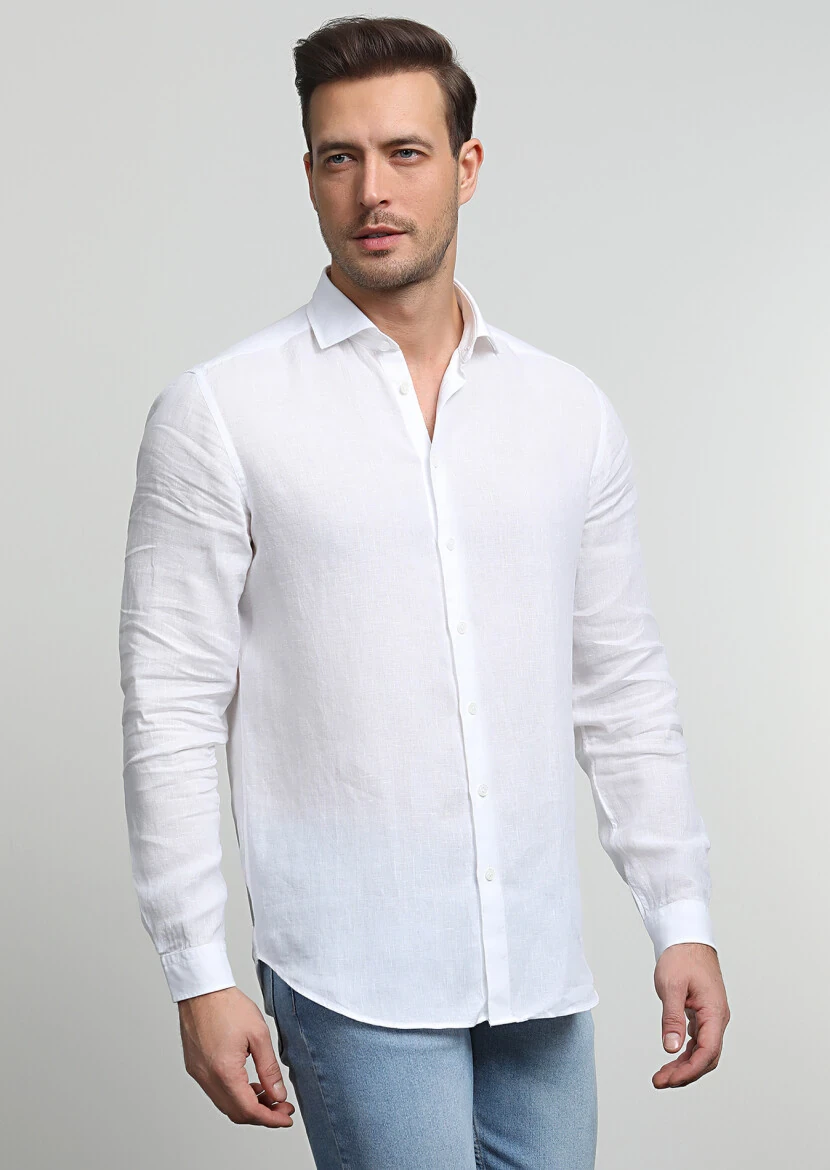 Beyaz Çizgili Regular Fit Dokuma Casual %100 Pamuk Gömlek - 1