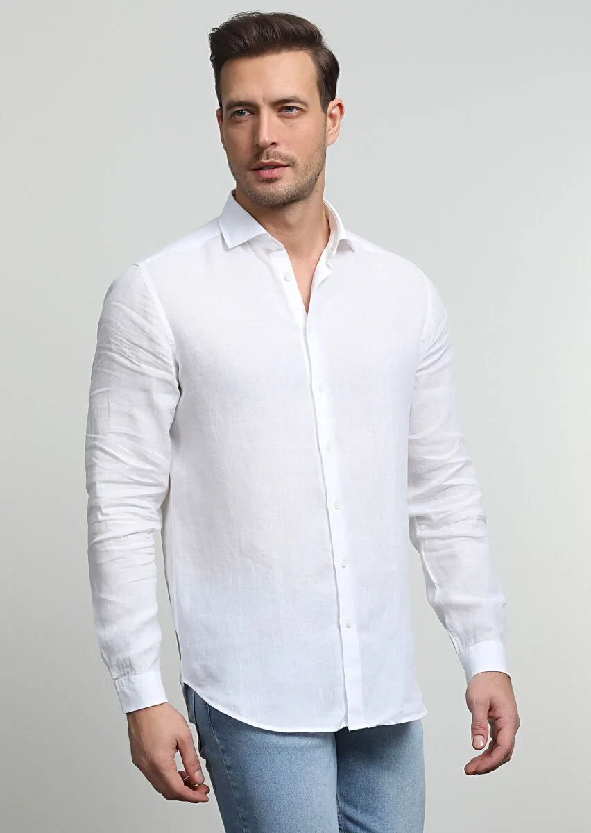 Beyaz Çizgili Regular Fit Dokuma Casual %100 Pamuk Gömlek - 1
