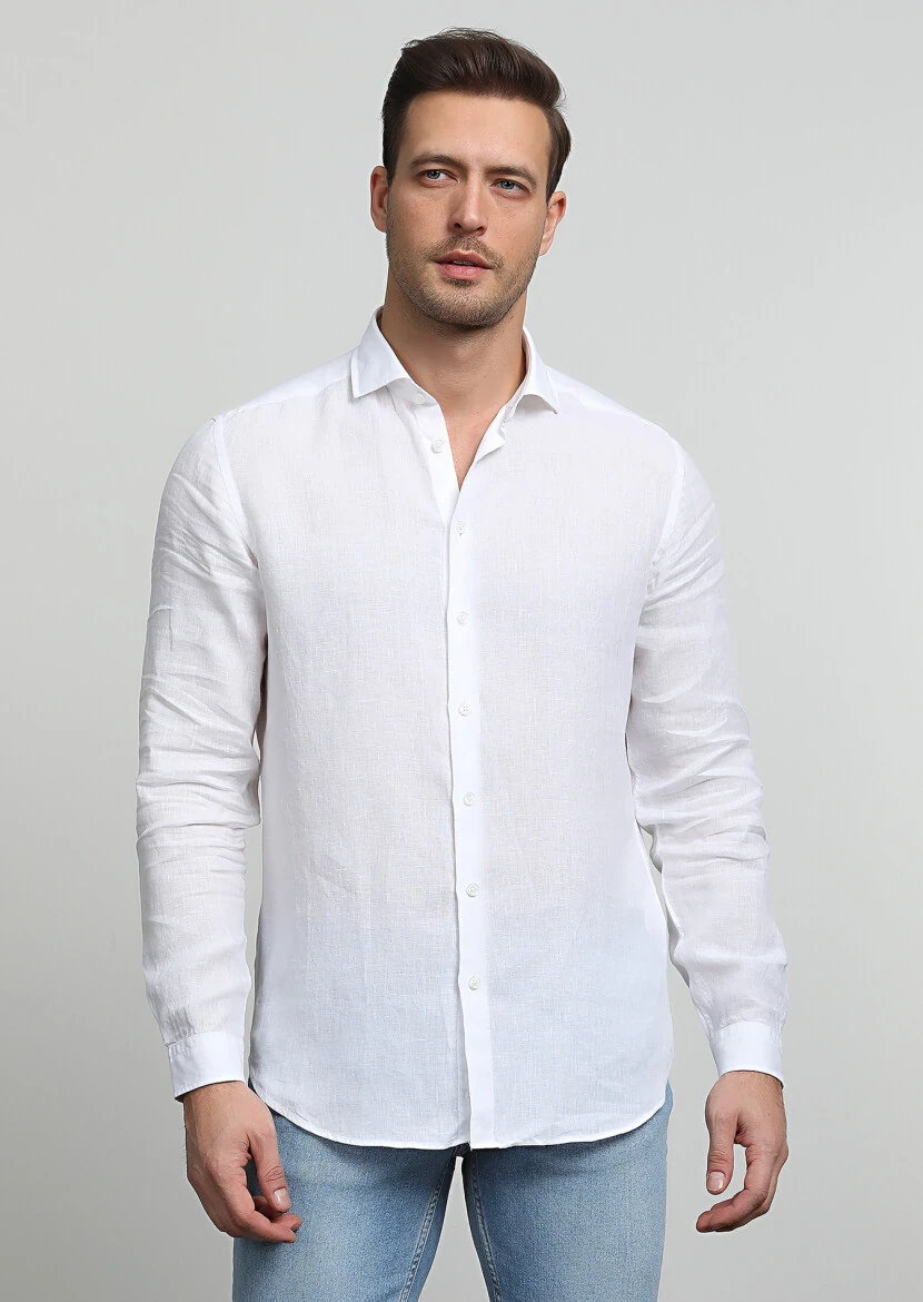 Beyaz Çizgili Regular Fit Dokuma Casual %100 Pamuk Gömlek - 3