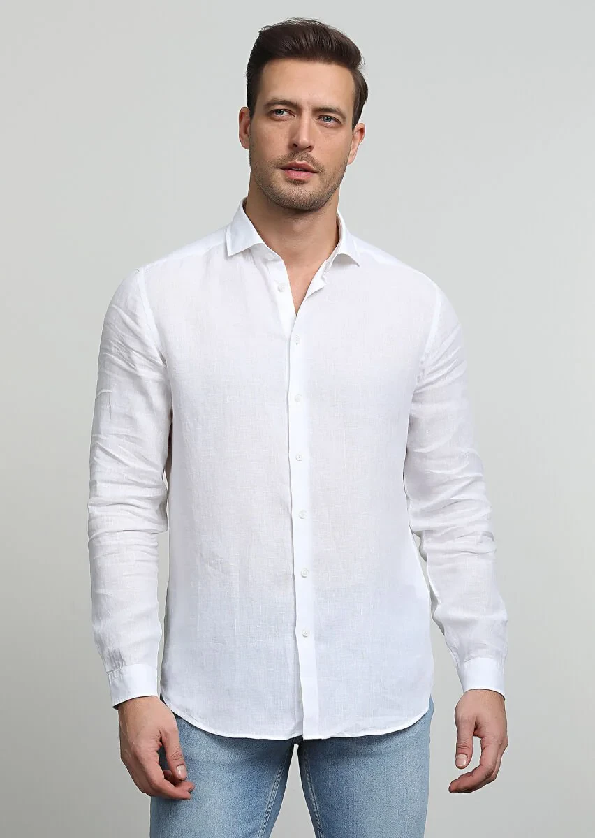 Beyaz Çizgili Regular Fit Dokuma Casual %100 Pamuk Gömlek - 3