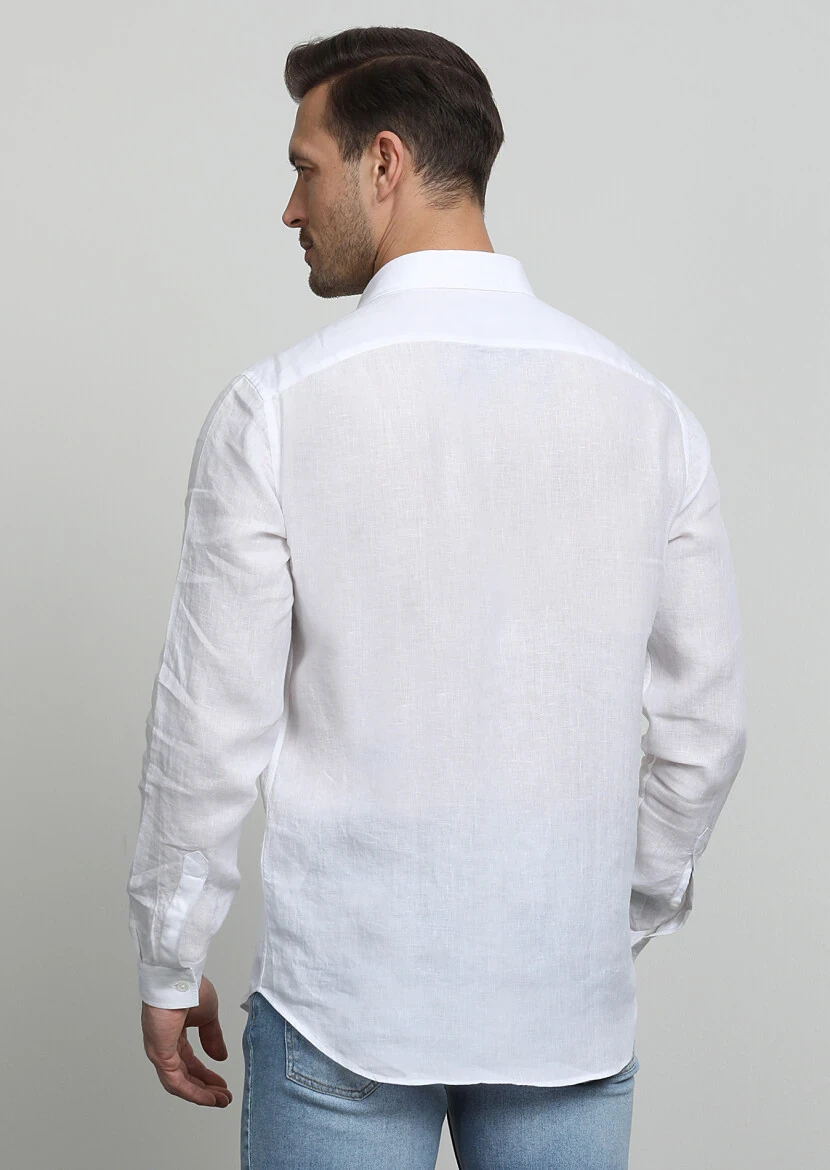Beyaz Çizgili Regular Fit Dokuma Casual %100 Pamuk Gömlek - 4