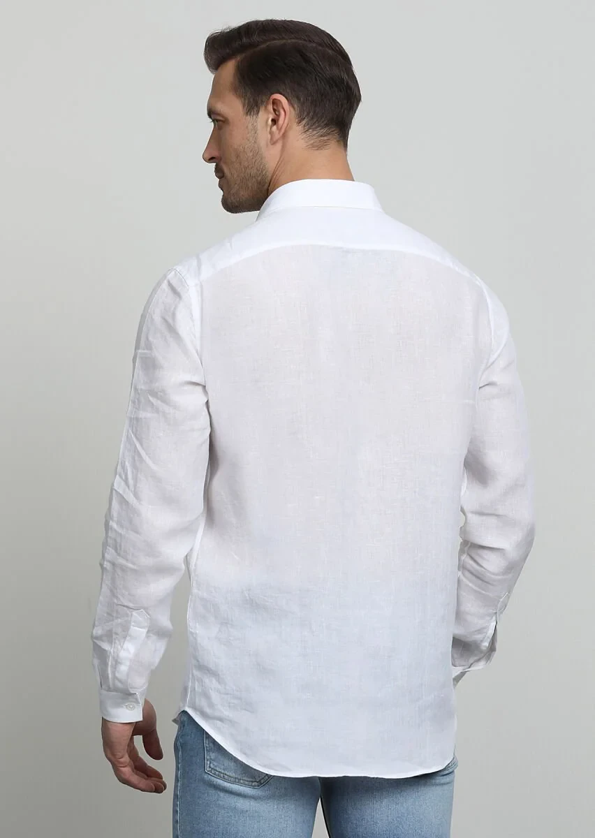 Beyaz Çizgili Regular Fit Dokuma Casual %100 Pamuk Gömlek - 4
