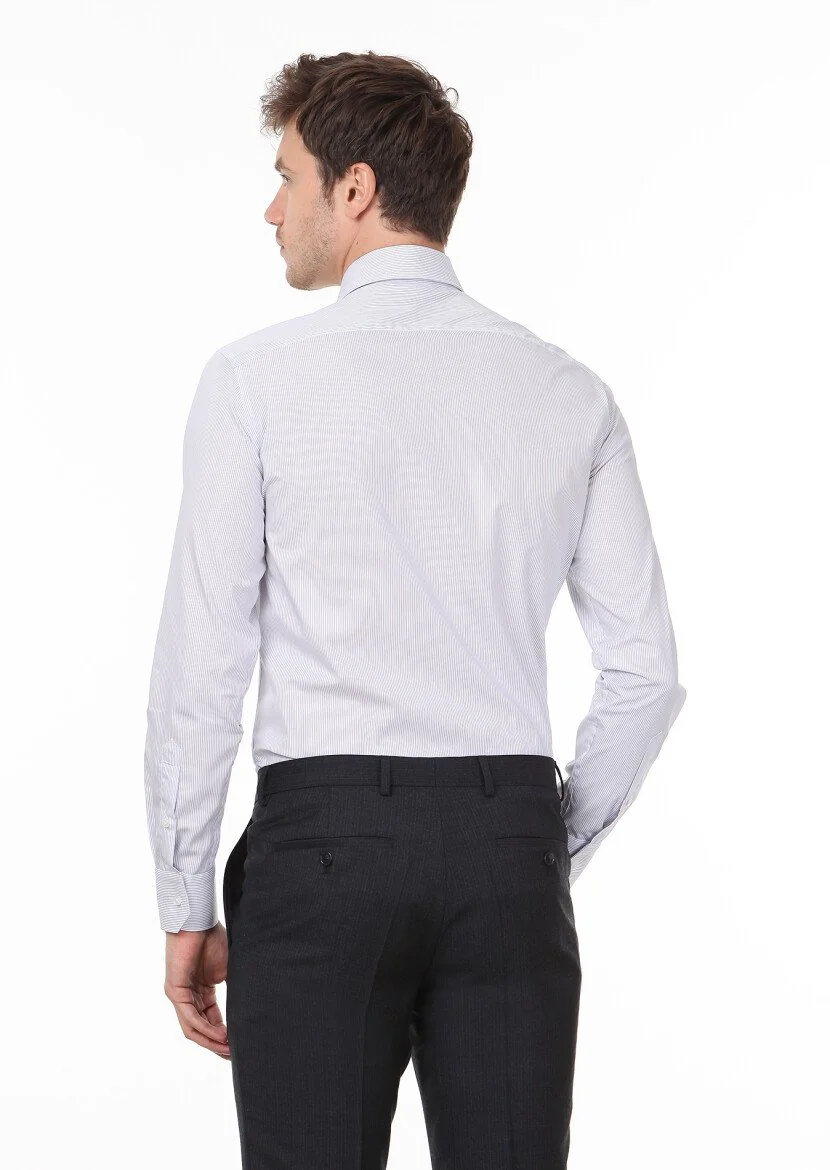Beyaz Çizgili Regular Fit Dokuma Klasik %100 Pamuk Gömlek - 4