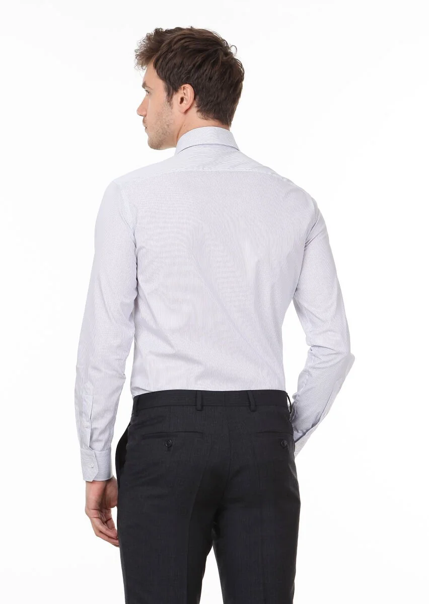Beyaz Çizgili Regular Fit Dokuma Klasik %100 Pamuk Gömlek - 4