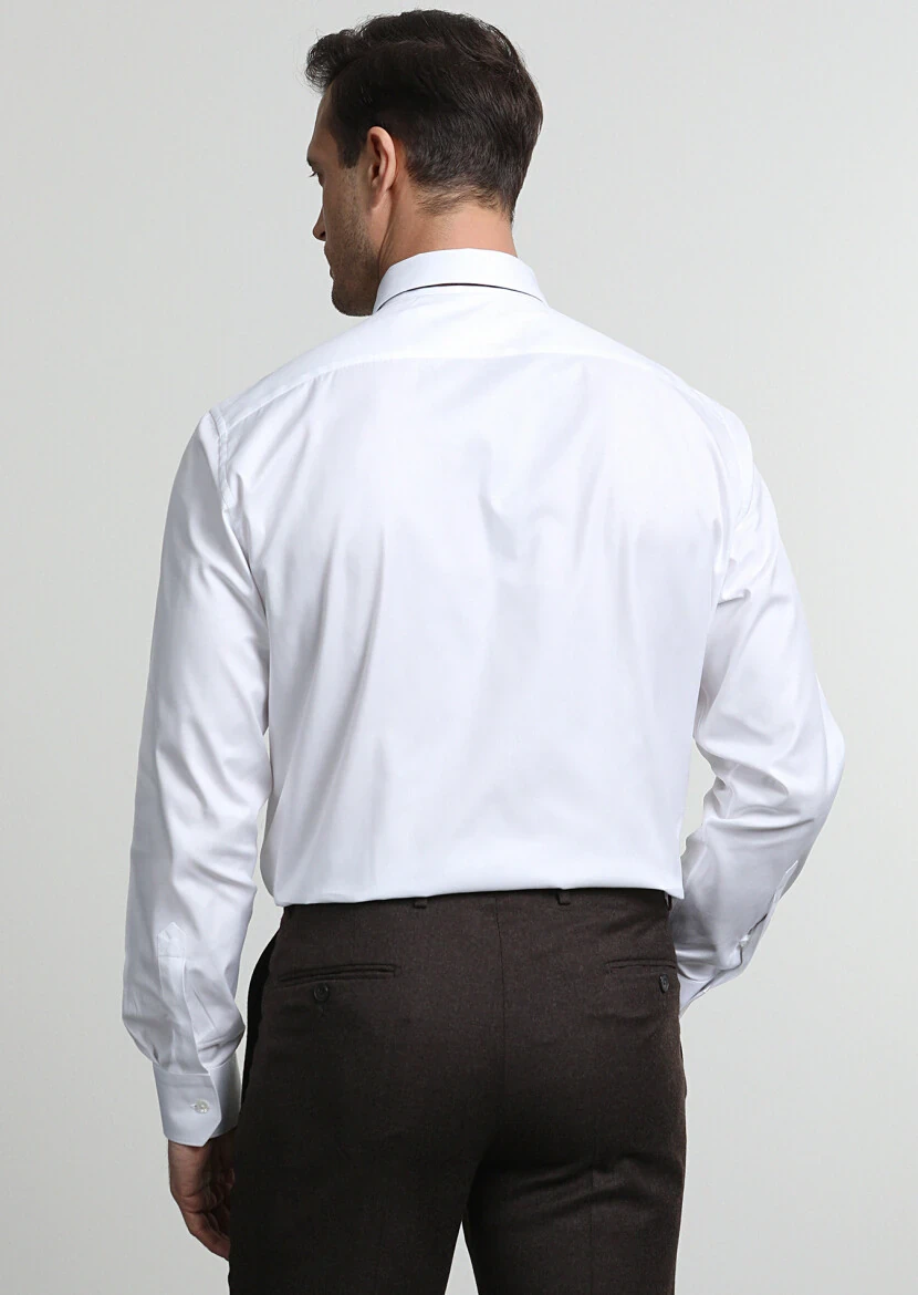 Beyaz Çizgili Regular Fit Dokuma Klasik %100 Pamuk Gömlek - 4