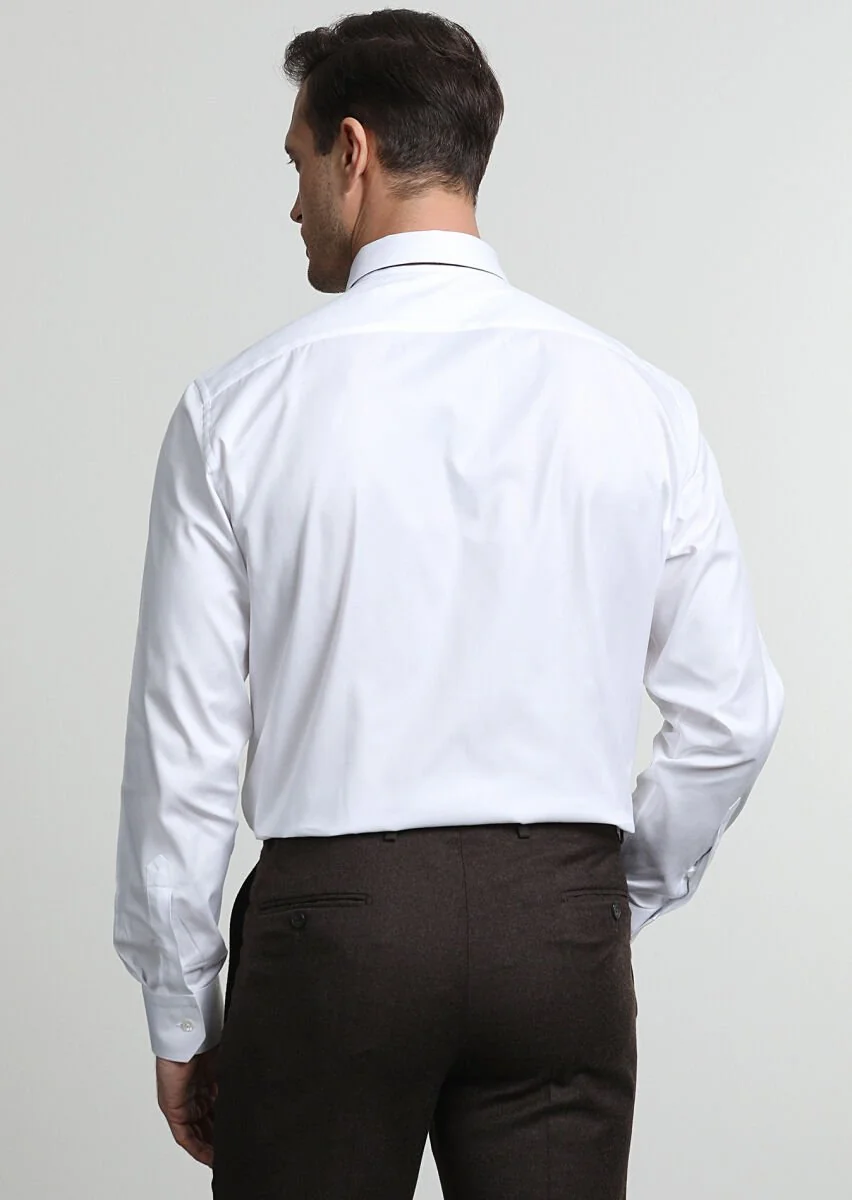 Beyaz Çizgili Regular Fit Dokuma Klasik %100 Pamuk Gömlek - 4