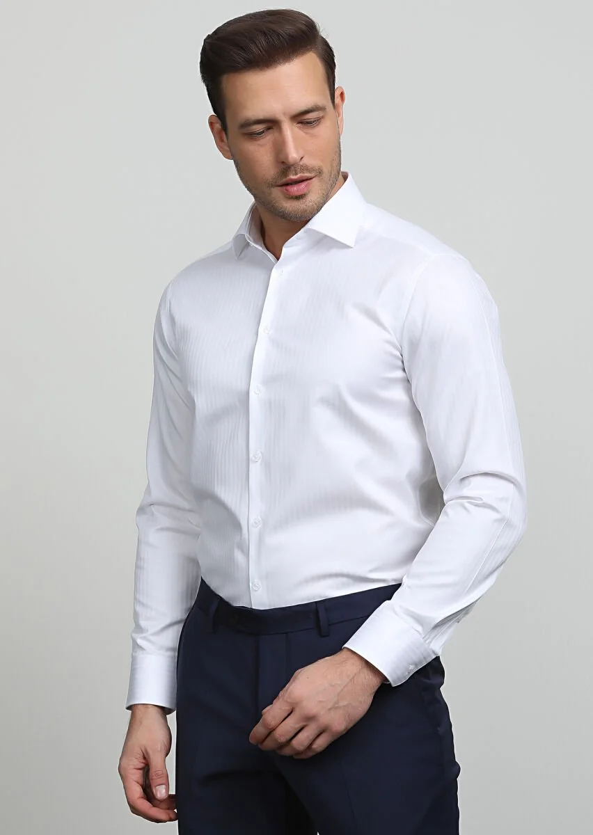 Beyaz Çizgili Regular Fit Dokuma Klasik %100 Pamuk Gömlek - 1
