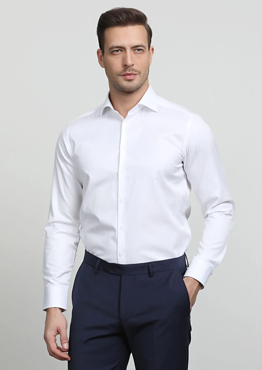 Beyaz Çizgili Regular Fit Dokuma Klasik %100 Pamuk Gömlek - 3