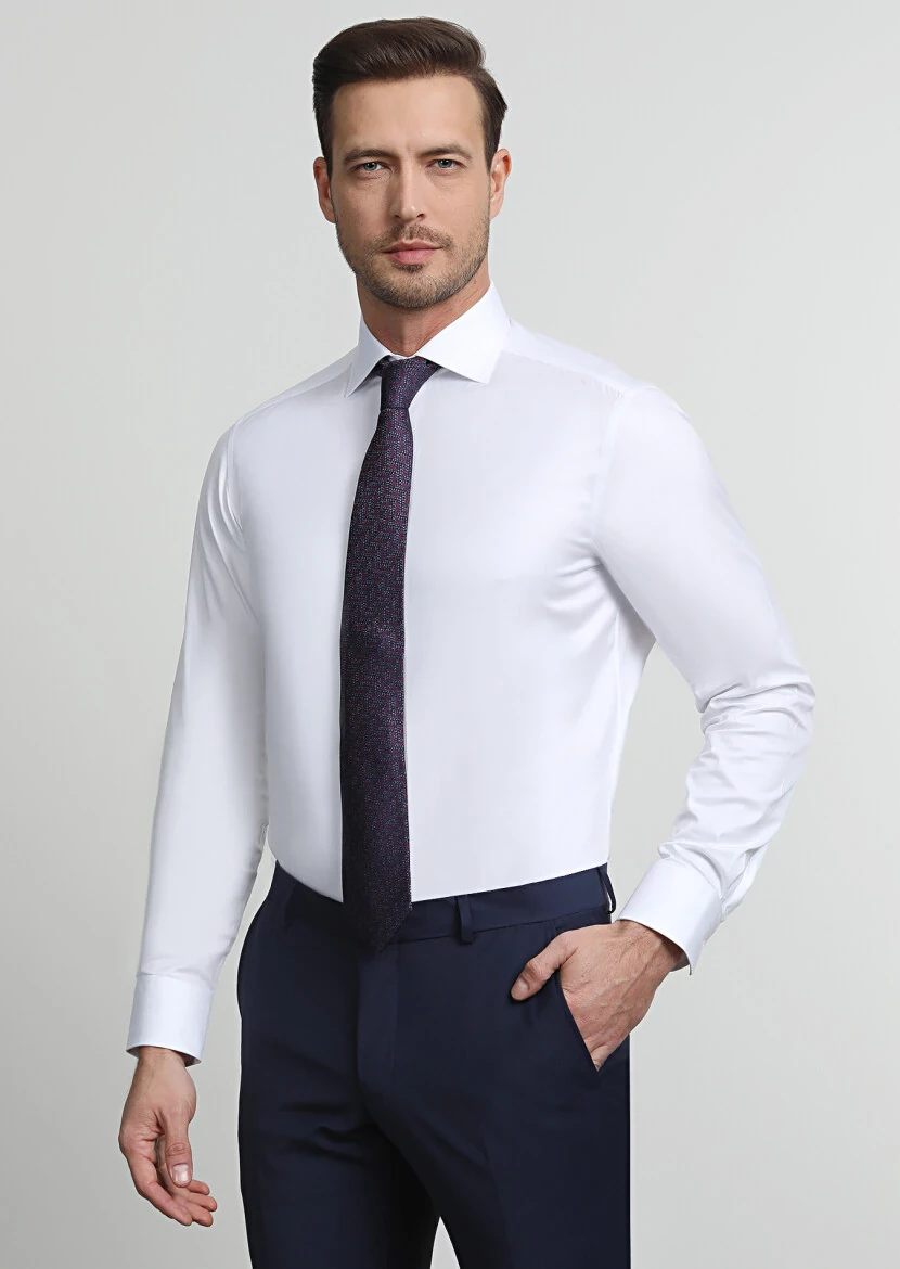 Beyaz Çizgili Regular Fit Dokuma Klasik %100 Pamuk Gömlek - 1