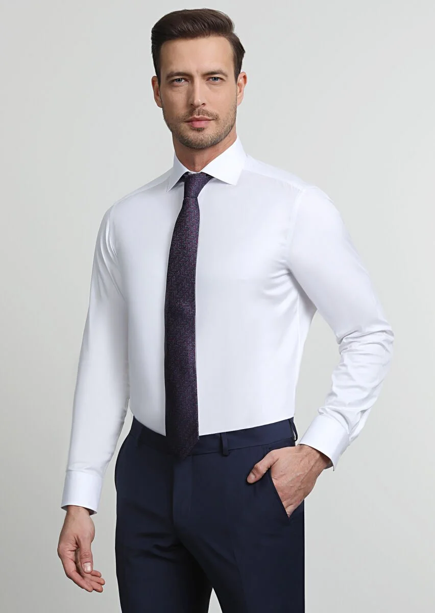 Beyaz Çizgili Regular Fit Dokuma Klasik %100 Pamuk Gömlek - 1