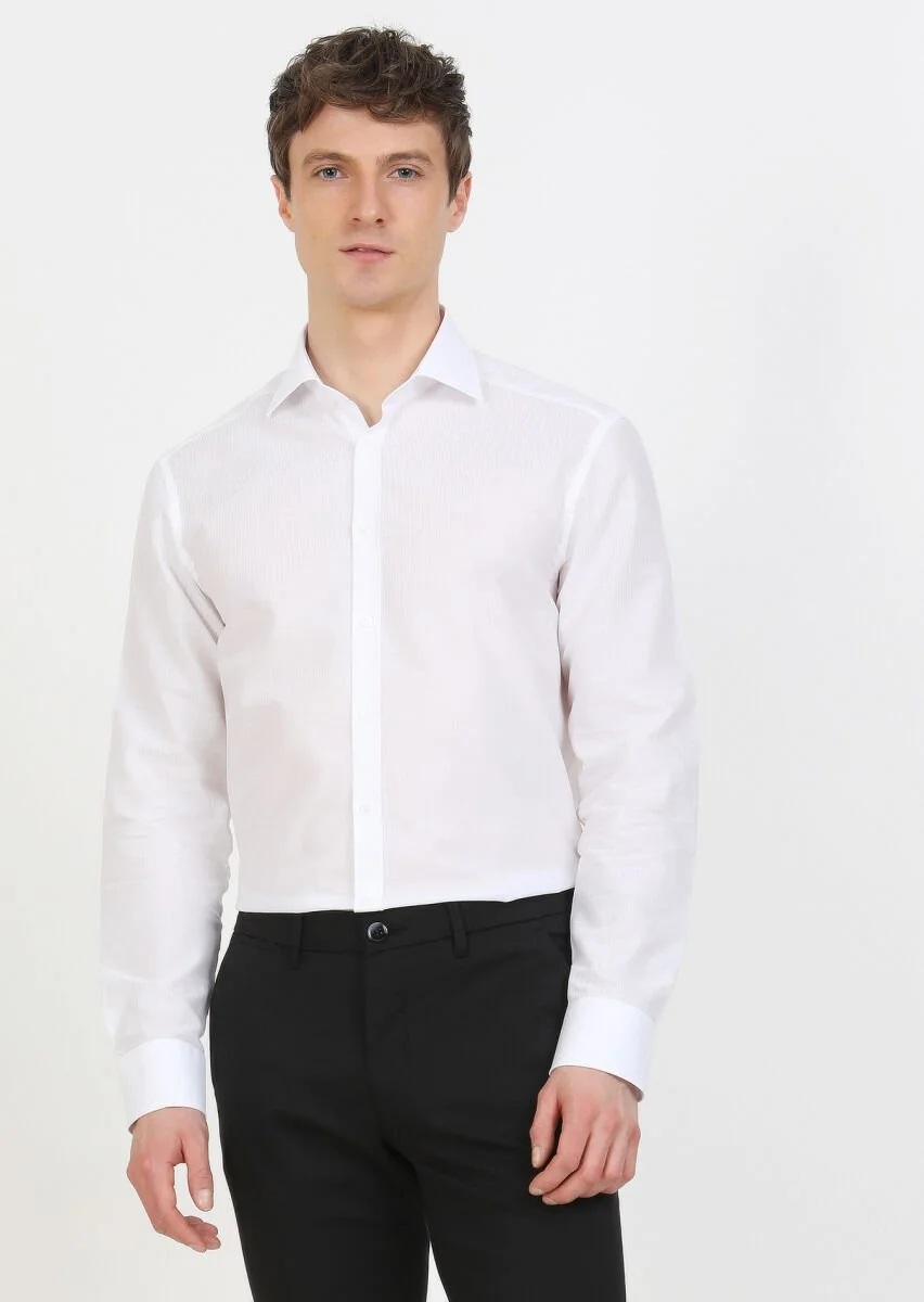 Beyaz Çizgili Regular Fit Dokuma Klasik %100 Pamuk Gömlek - 4