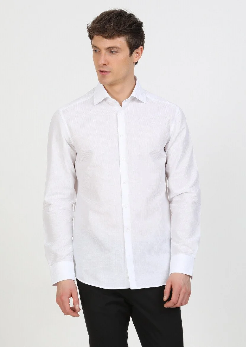 Beyaz Çizgili Regular Fit Dokuma Klasik %100 Pamuk Gömlek - 2
