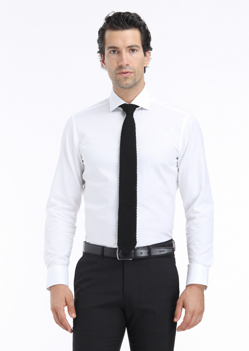 Beyaz Çizgili Regular Fit Dokuma Klasik %100 Pamuk Gömlek - 2