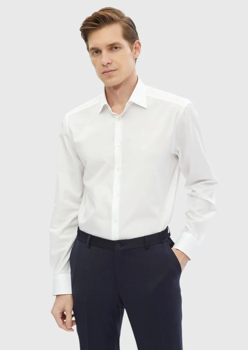 Beyaz Çizgili Regular Fit Dokuma Klasik %100 Pamuk Gömlek - 1