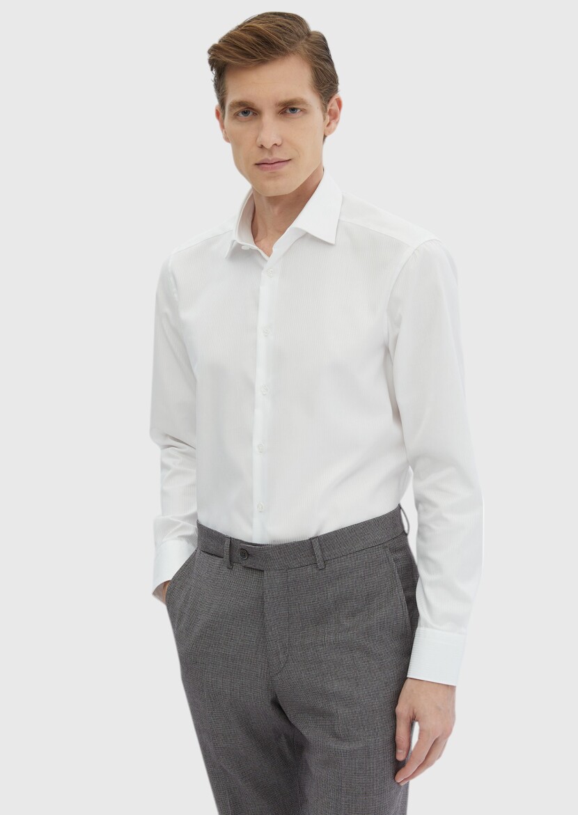 Beyaz Çizgili Regular Fit Dokuma Klasik %100 Pamuk Gömlek - RAMSEY