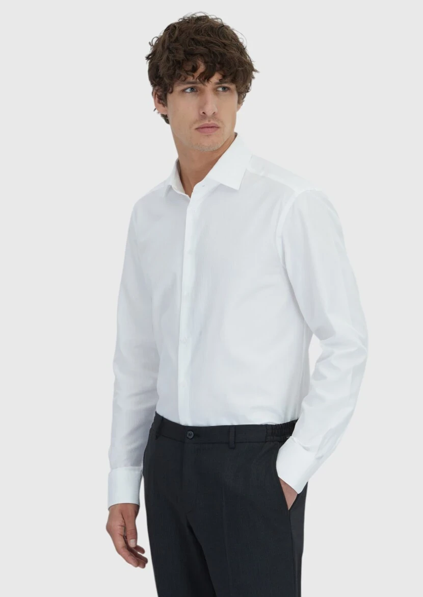 Beyaz Çizgili Regular Fit Dokuma Klasik %100 Pamuk Gömlek - 3