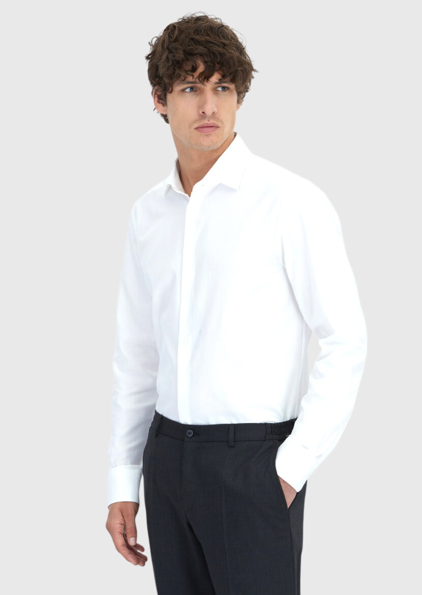 Beyaz Çizgili Regular Fit Dokuma Klasik %100 Pamuk Gömlek - 3