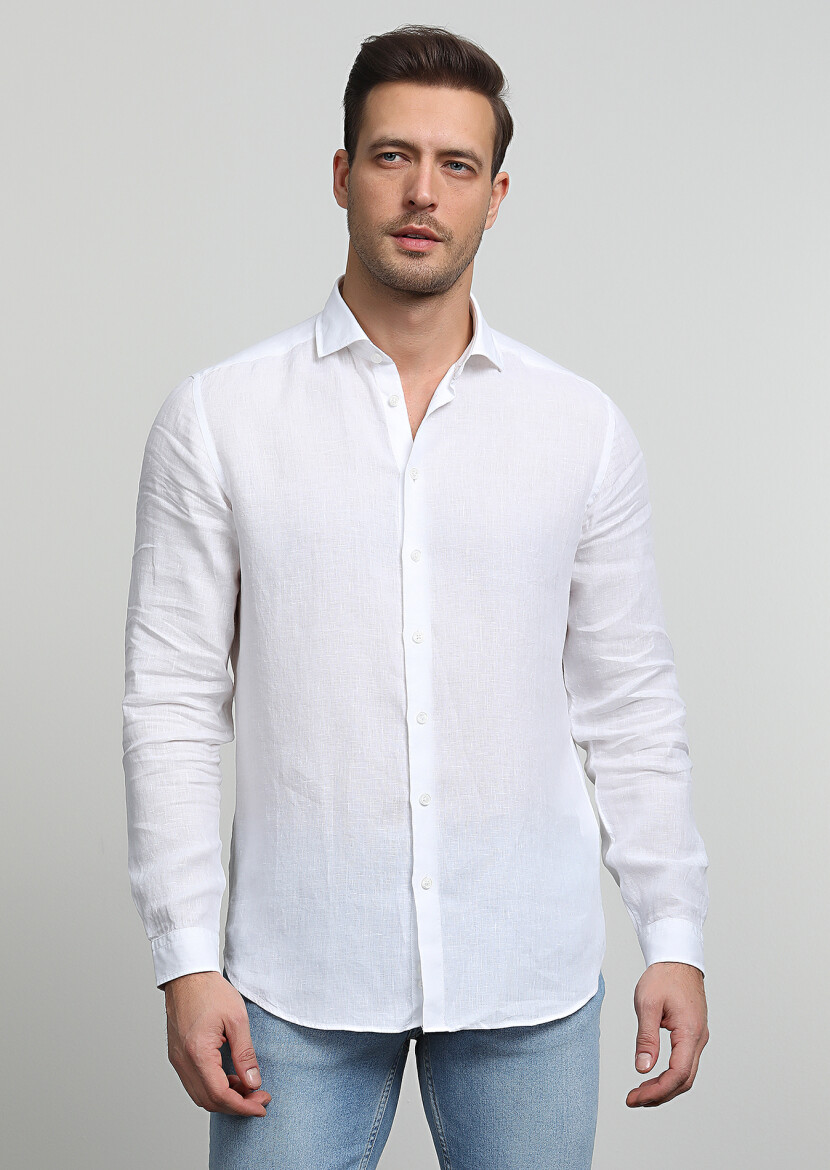 Beyaz Çizgili Regular Fit Uzun Dokuma Casual %100 Pamuk Gömlek - 3