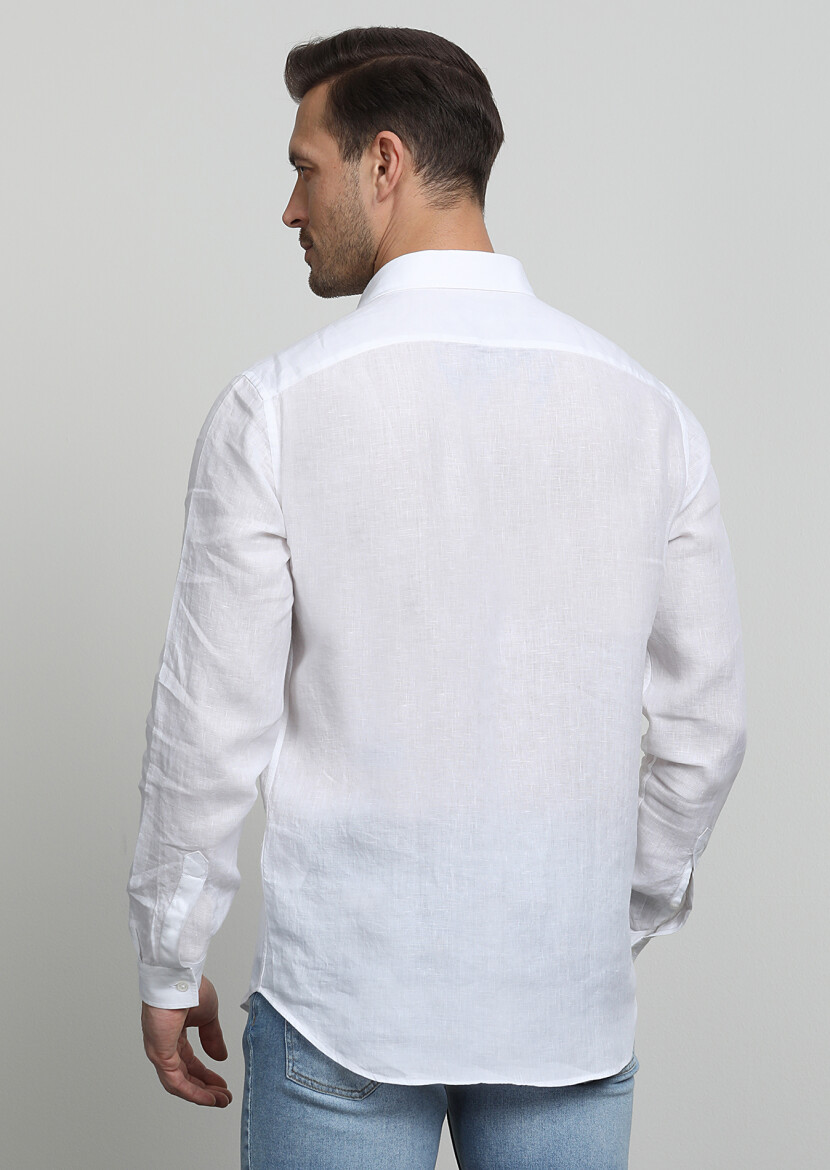 Beyaz Çizgili Regular Fit Uzun Dokuma Casual %100 Pamuk Gömlek - 4