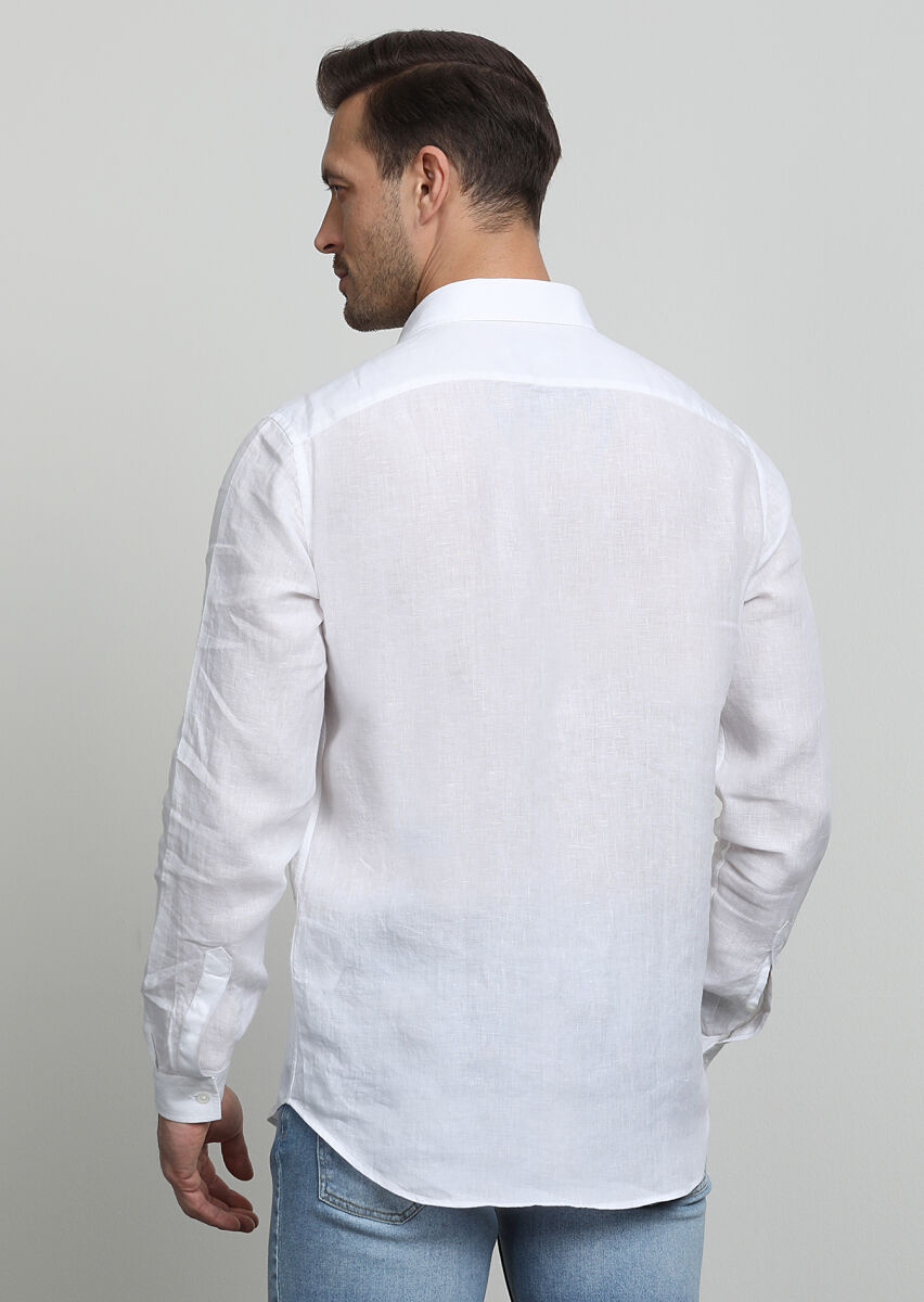 Beyaz Çizgili Regular Fit Uzun Dokuma Casual %100 Pamuk Gömlek - 4