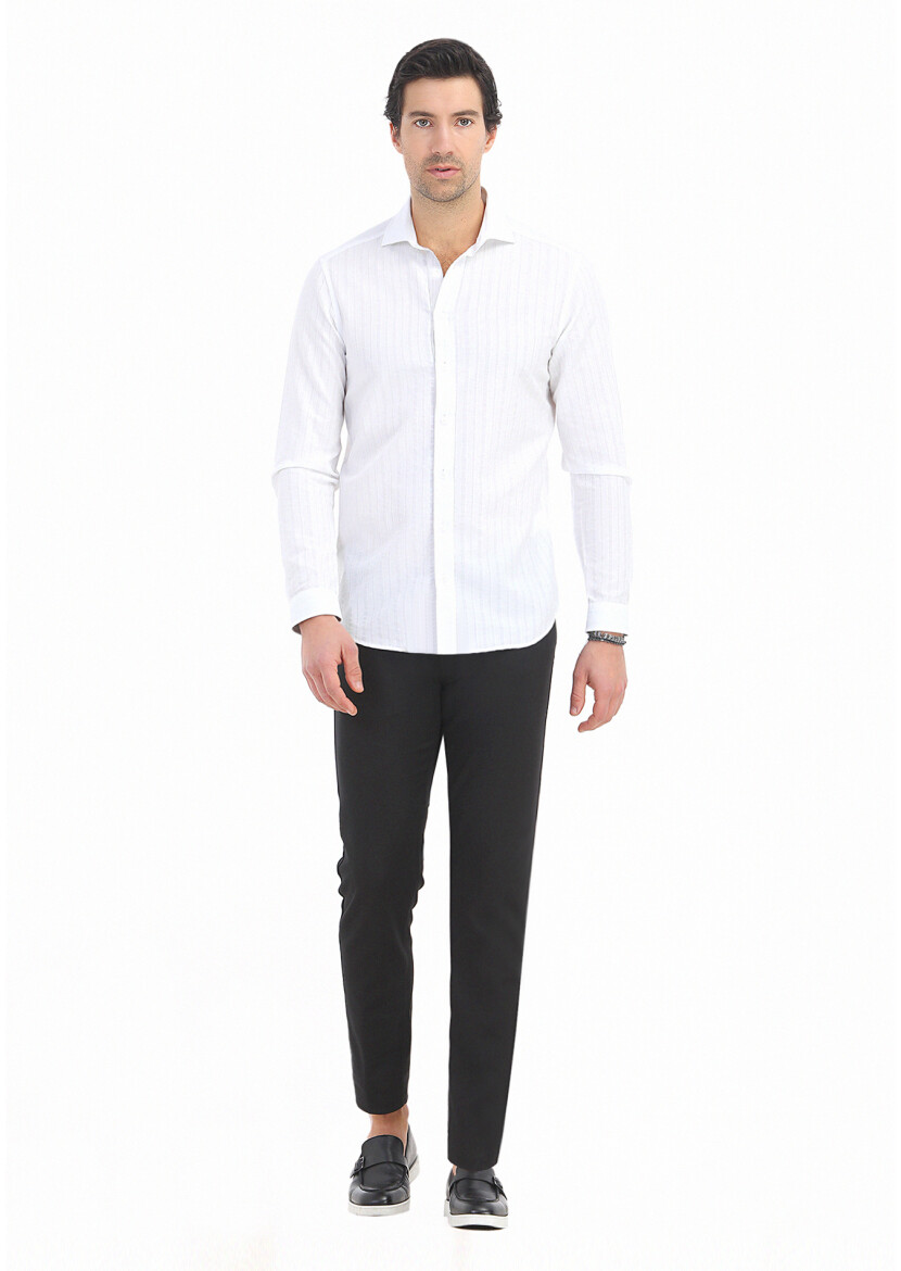 Beyaz Çizgili Regular Fit Uzun Dokuma Casual Pamuk Karışımlı Gömlek - 1