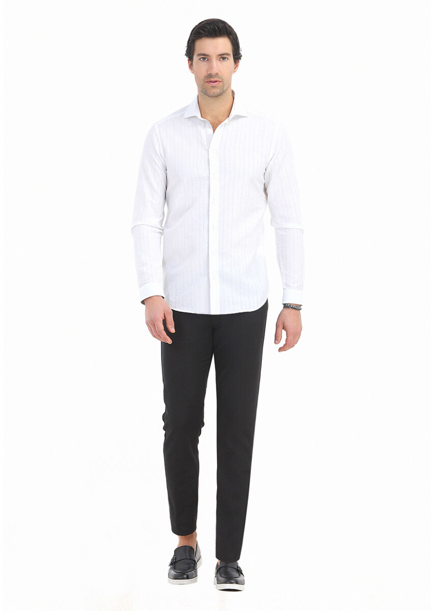 Beyaz Çizgili Regular Fit Uzun Dokuma Casual Pamuk Karışımlı Gömlek - 1