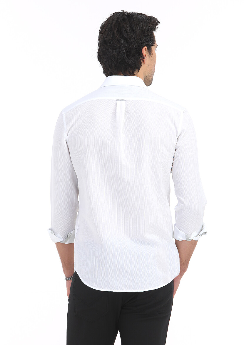 Beyaz Çizgili Regular Fit Uzun Dokuma Casual Pamuk Karışımlı Gömlek - 5