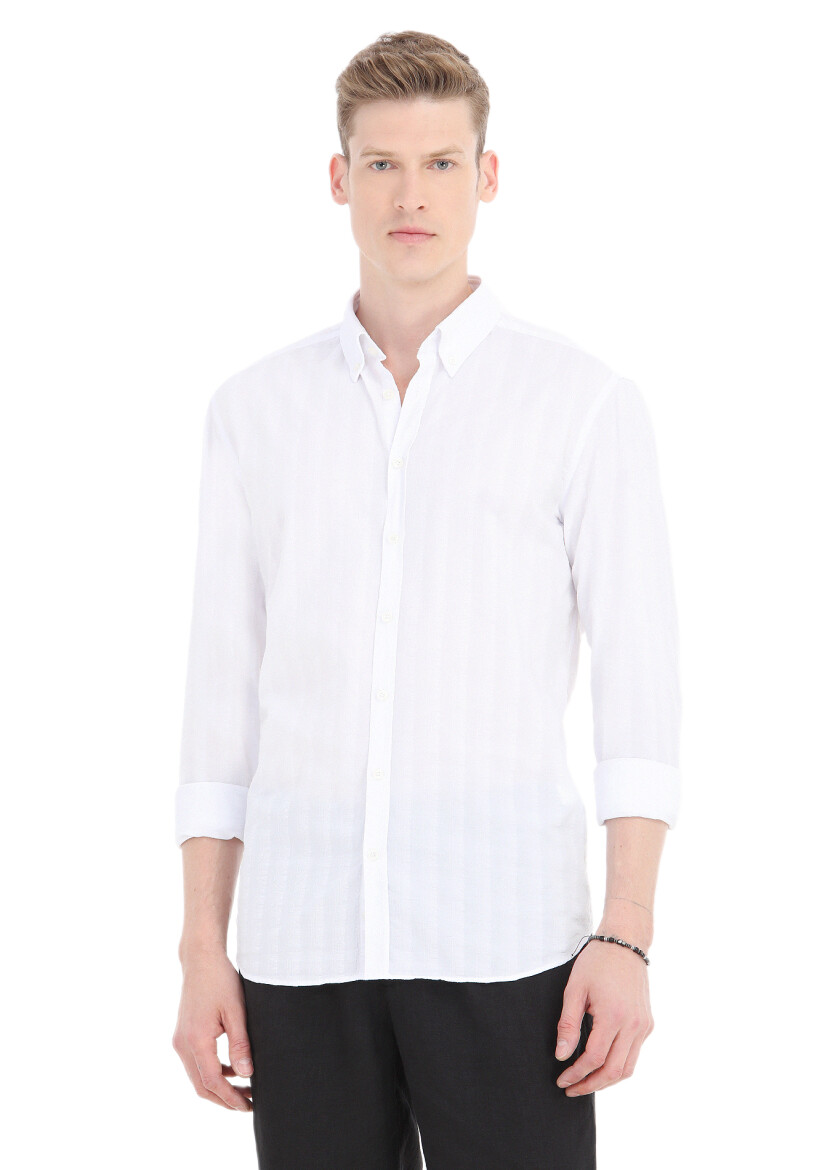Beyaz Çizgili Regular Fit Uzun Dokuma Casual Pamuk Karışımlı Gömlek - 2