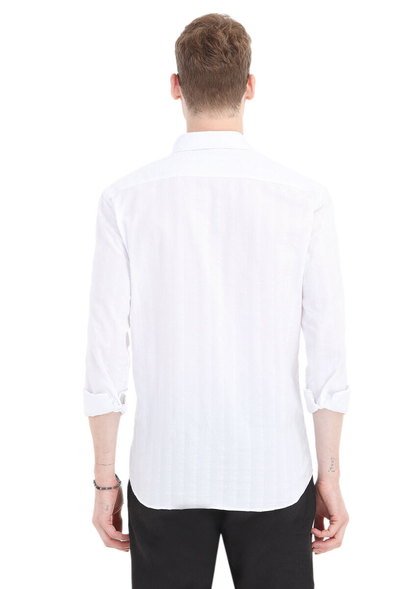 Beyaz Çizgili Regular Fit Uzun Dokuma Casual Pamuk Karışımlı Gömlek - 5