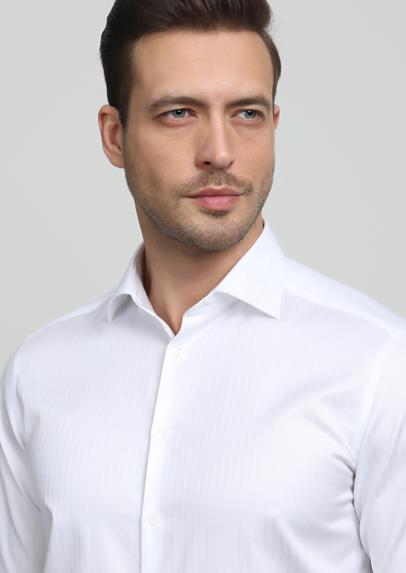 Beyaz Çizgili Regular Fit Uzun Dokuma Klasik %100 Pamuk Gömlek - 2