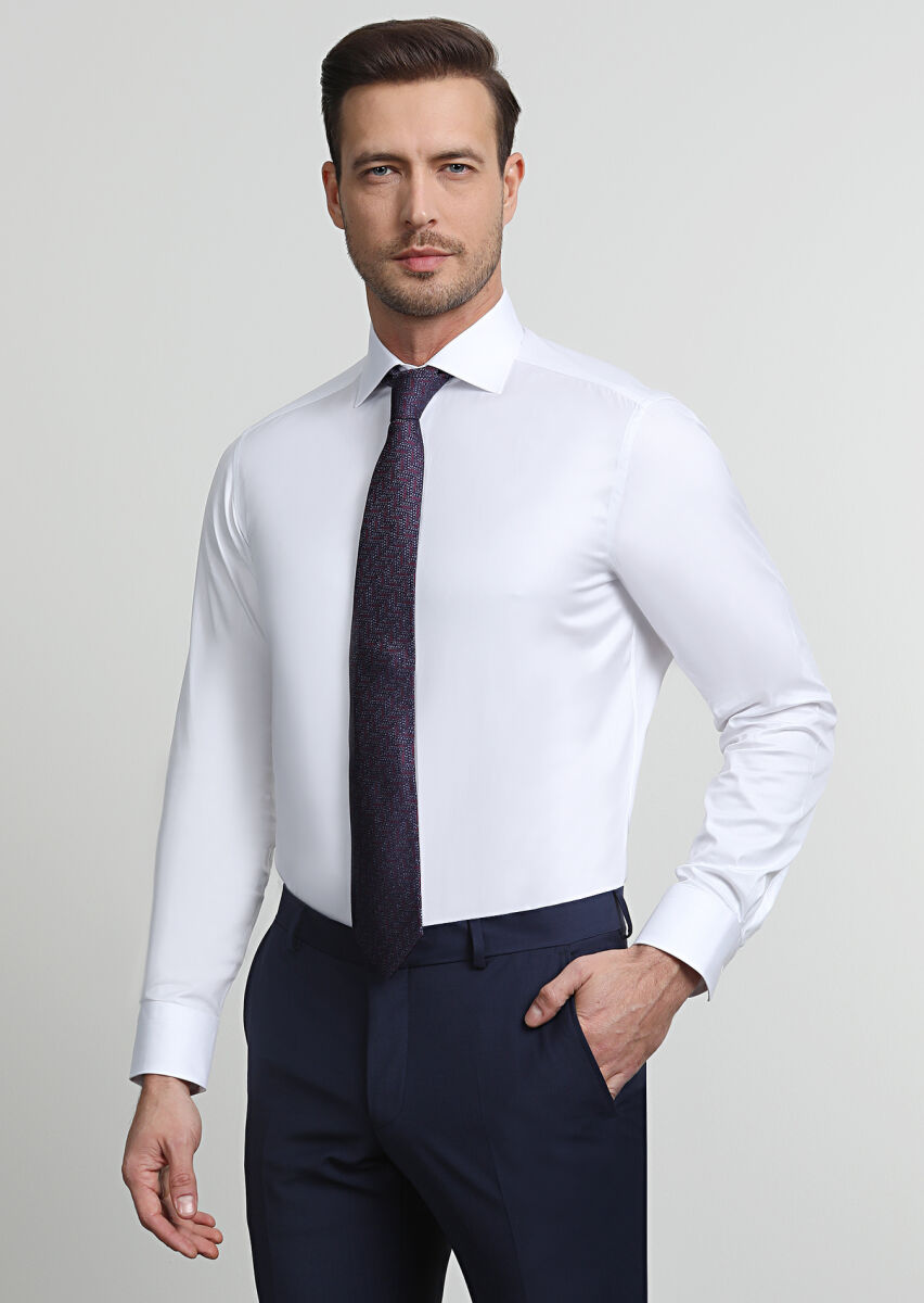 Beyaz Çizgili Regular Fit Uzun Dokuma Klasik %100 Pamuk Gömlek - 1