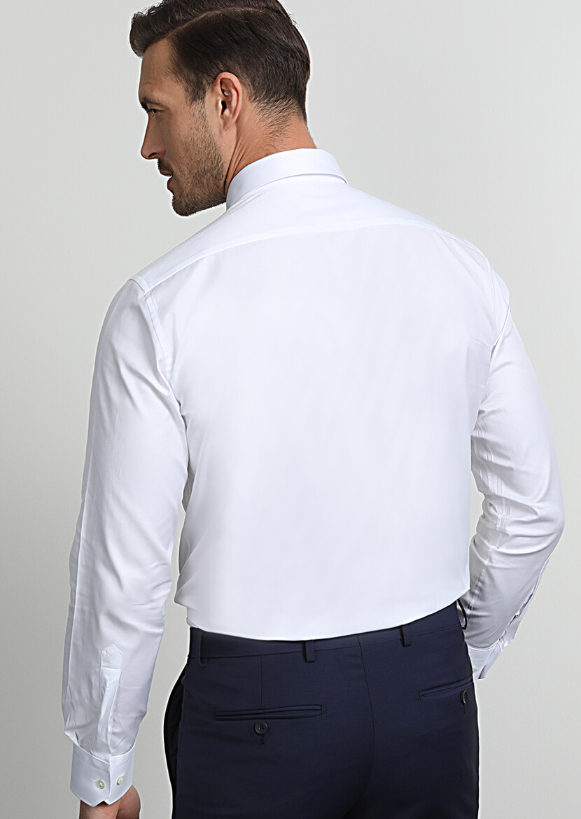 Beyaz Çizgili Regular Fit Uzun Dokuma Klasik %100 Pamuk Gömlek - 4