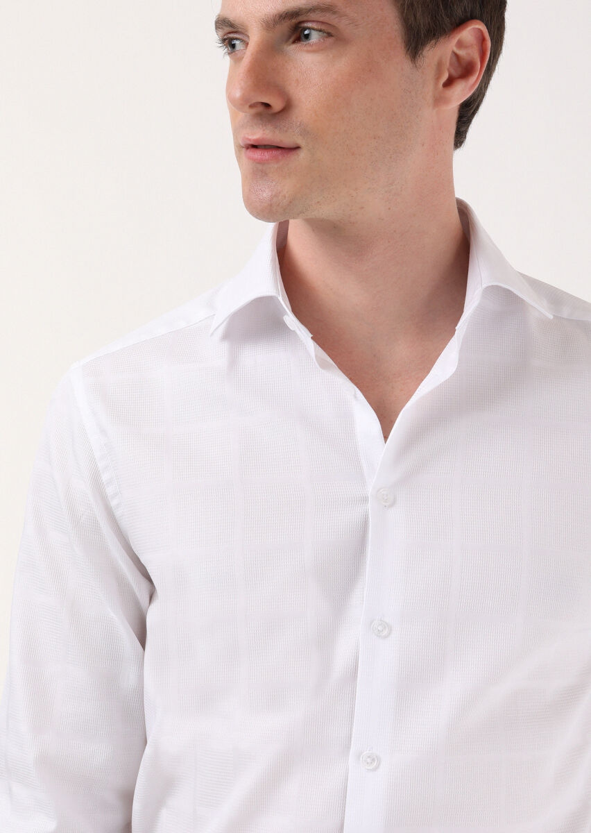Beyaz Çizgili Regular Fit Uzun Dokuma Klasik %100 Pamuk Gömlek - 1