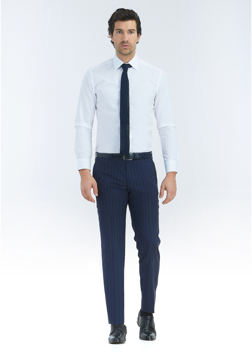 Beyaz Çizgili Regular Fit Uzun Dokuma Klasik %100 Pamuk Gömlek - 1