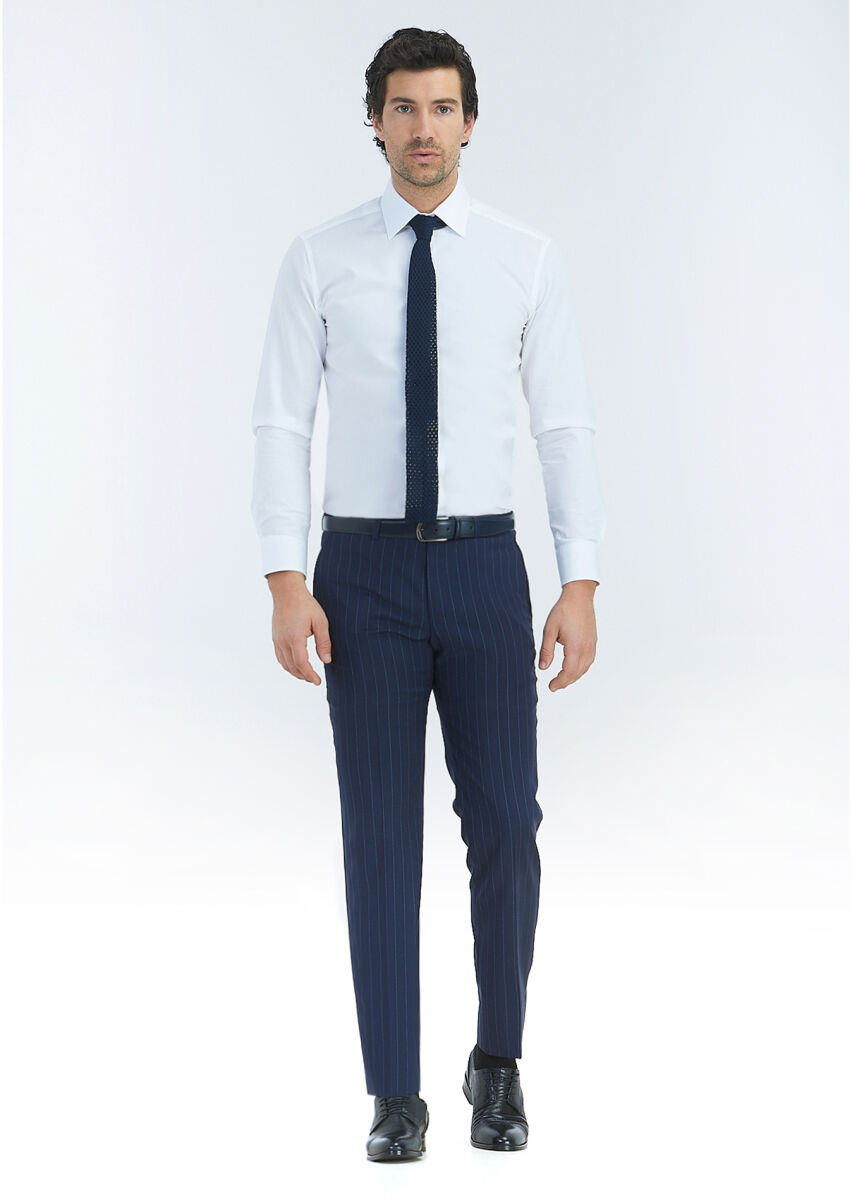 Beyaz Çizgili Regular Fit Uzun Dokuma Klasik %100 Pamuk Gömlek - 1