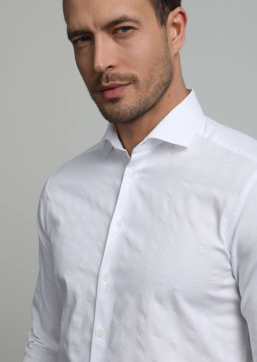 Beyaz Çizgili Slim Fit Dokuma Casual %100 Pamuk Gömlek - 2