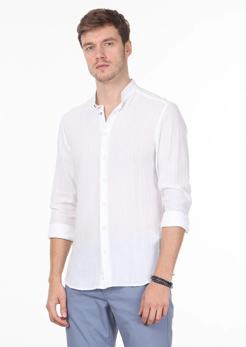 Beyaz Çizgili Slim Fit Dokuma Casual %100 Pamuk Gömlek - 1