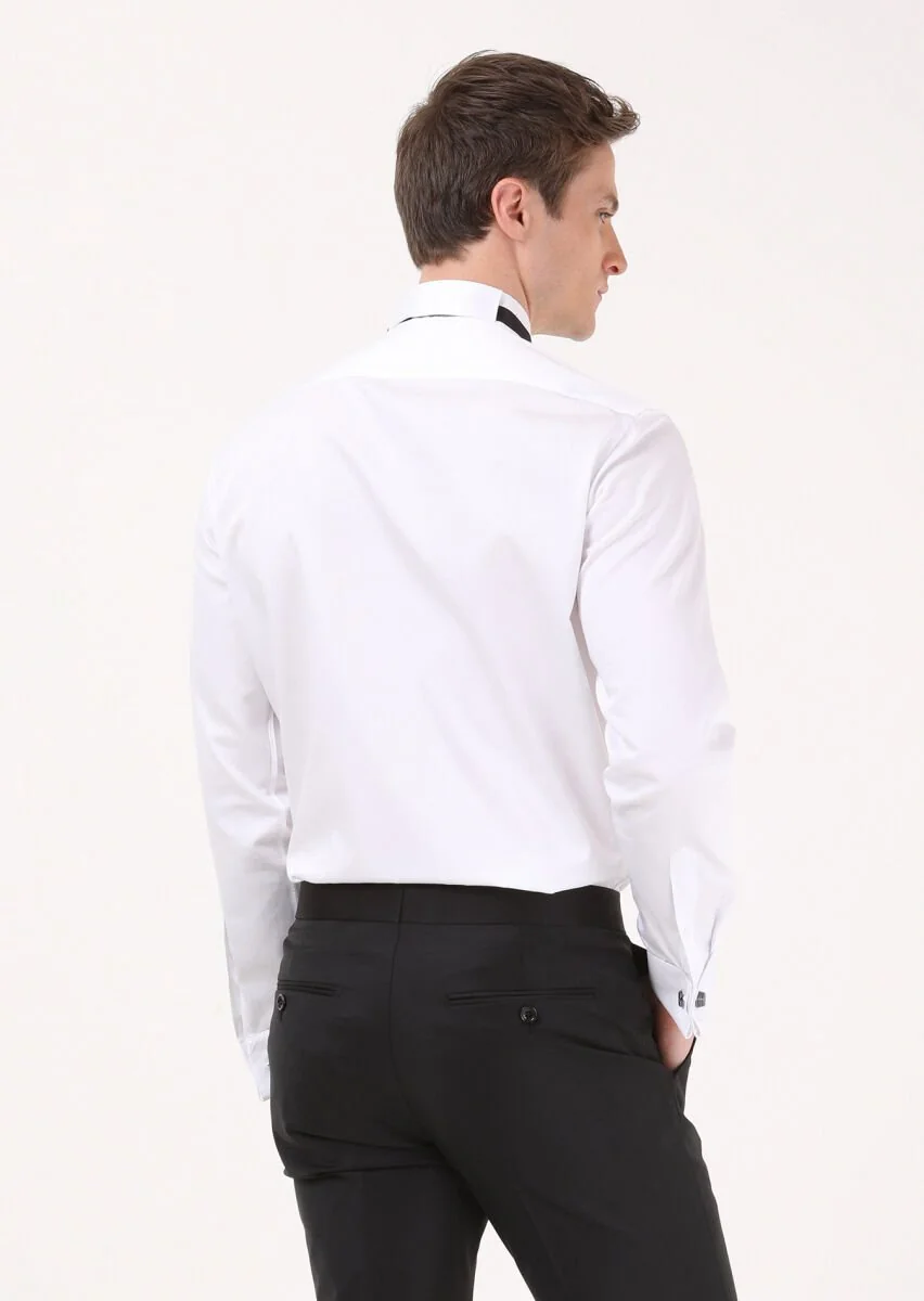 Beyaz Çizgili Slim Fit Dokuma Casual %100 Pamuk Gömlek - 4