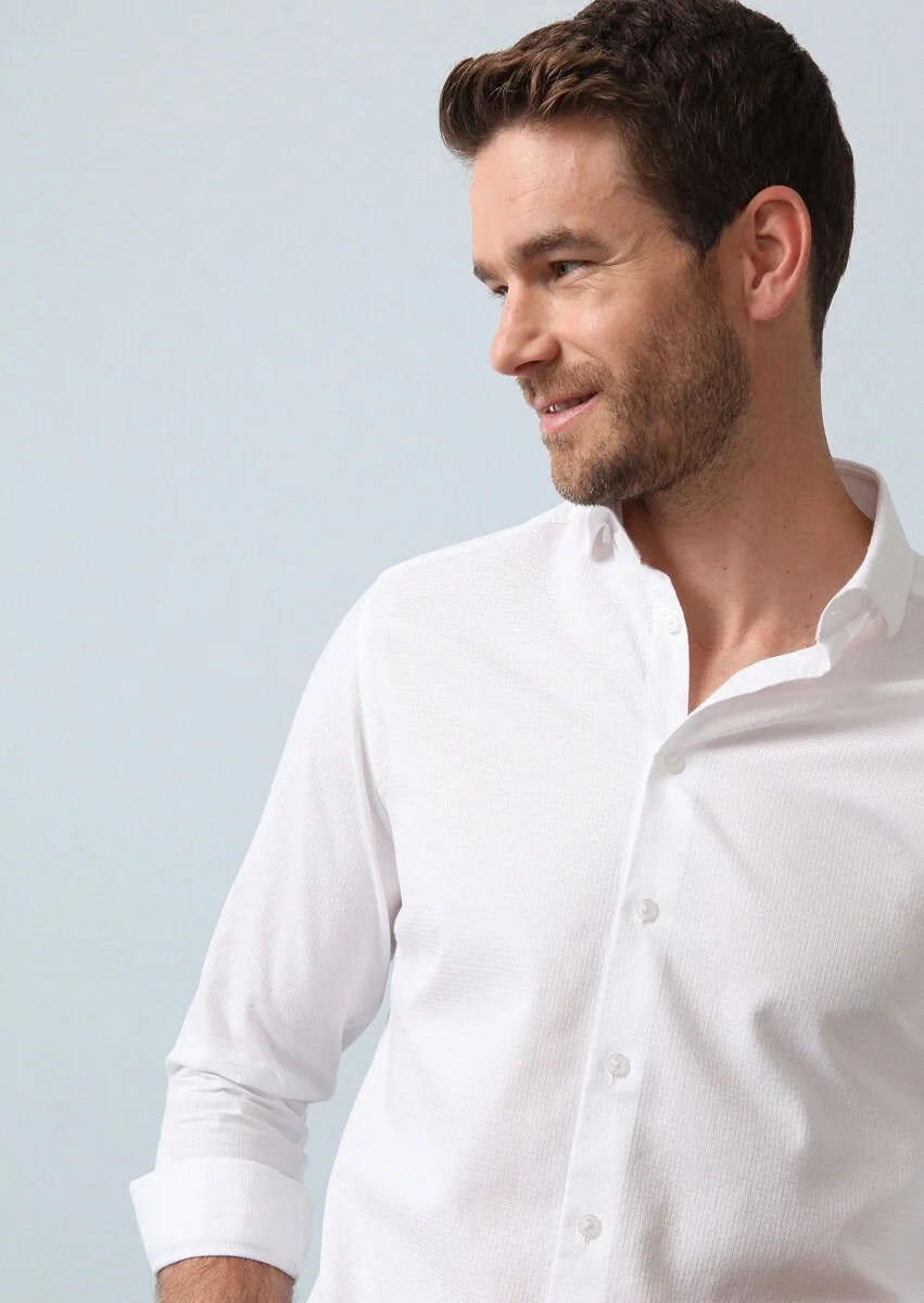 Beyaz Çizgili Slim Fit Dokuma Casual %100 Pamuk Gömlek - 2