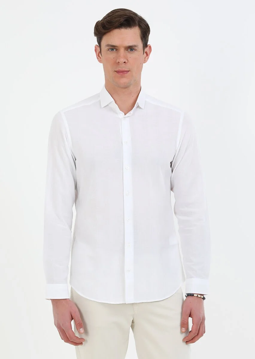 Beyaz Çizgili Slim Fit Dokuma Casual %100 Pamuk Gömlek - 1