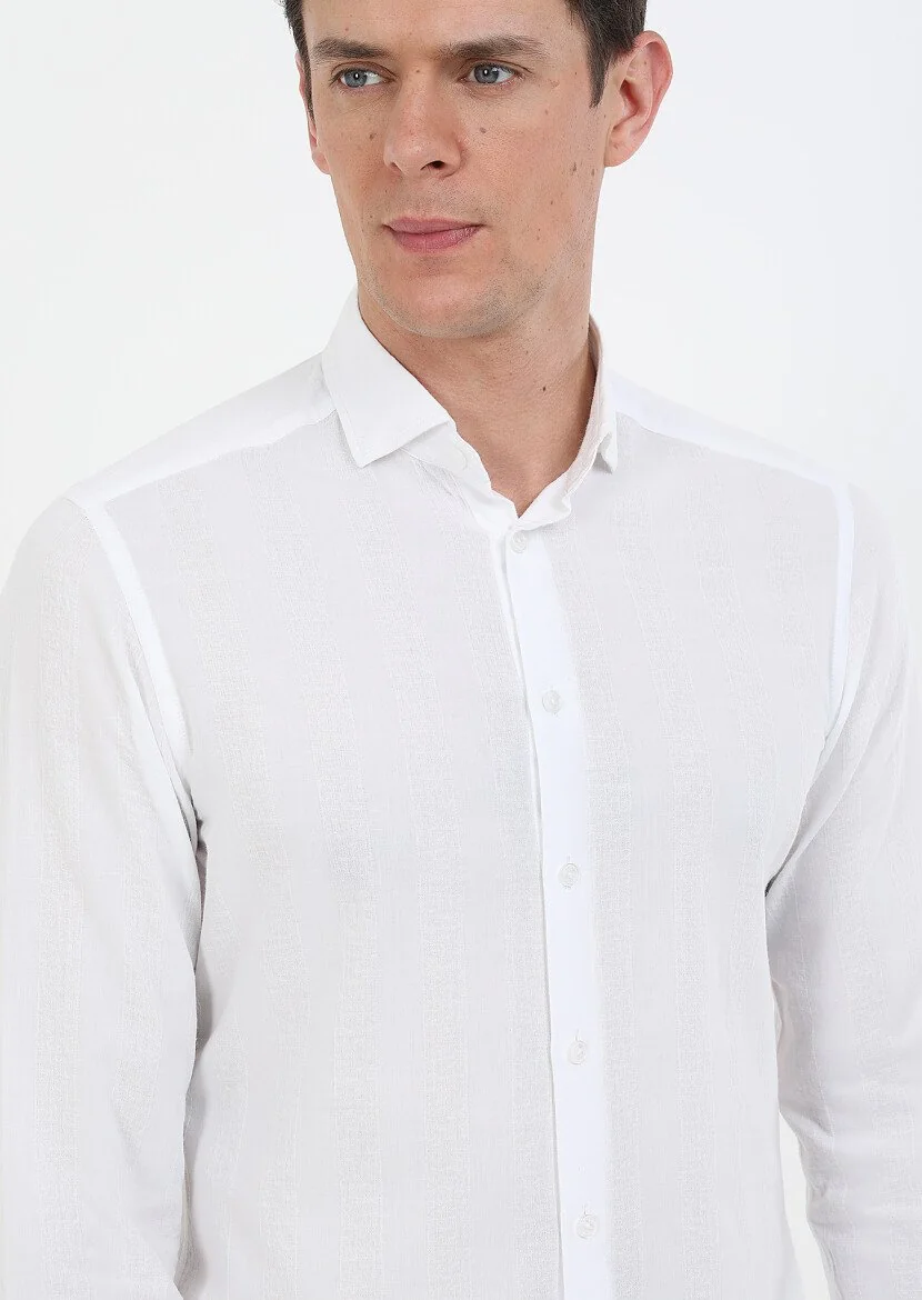 Beyaz Çizgili Slim Fit Dokuma Casual %100 Pamuk Gömlek - 3