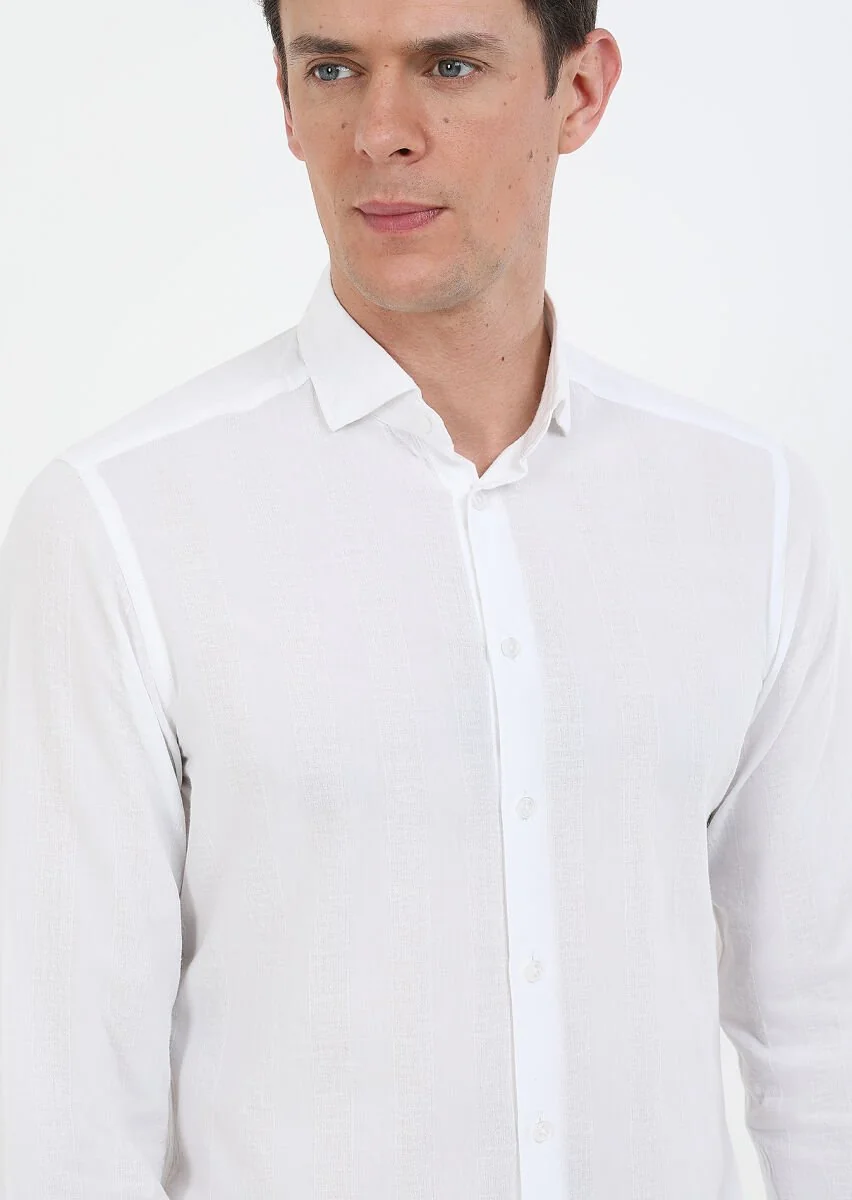 Beyaz Çizgili Slim Fit Dokuma Casual %100 Pamuk Gömlek - 3