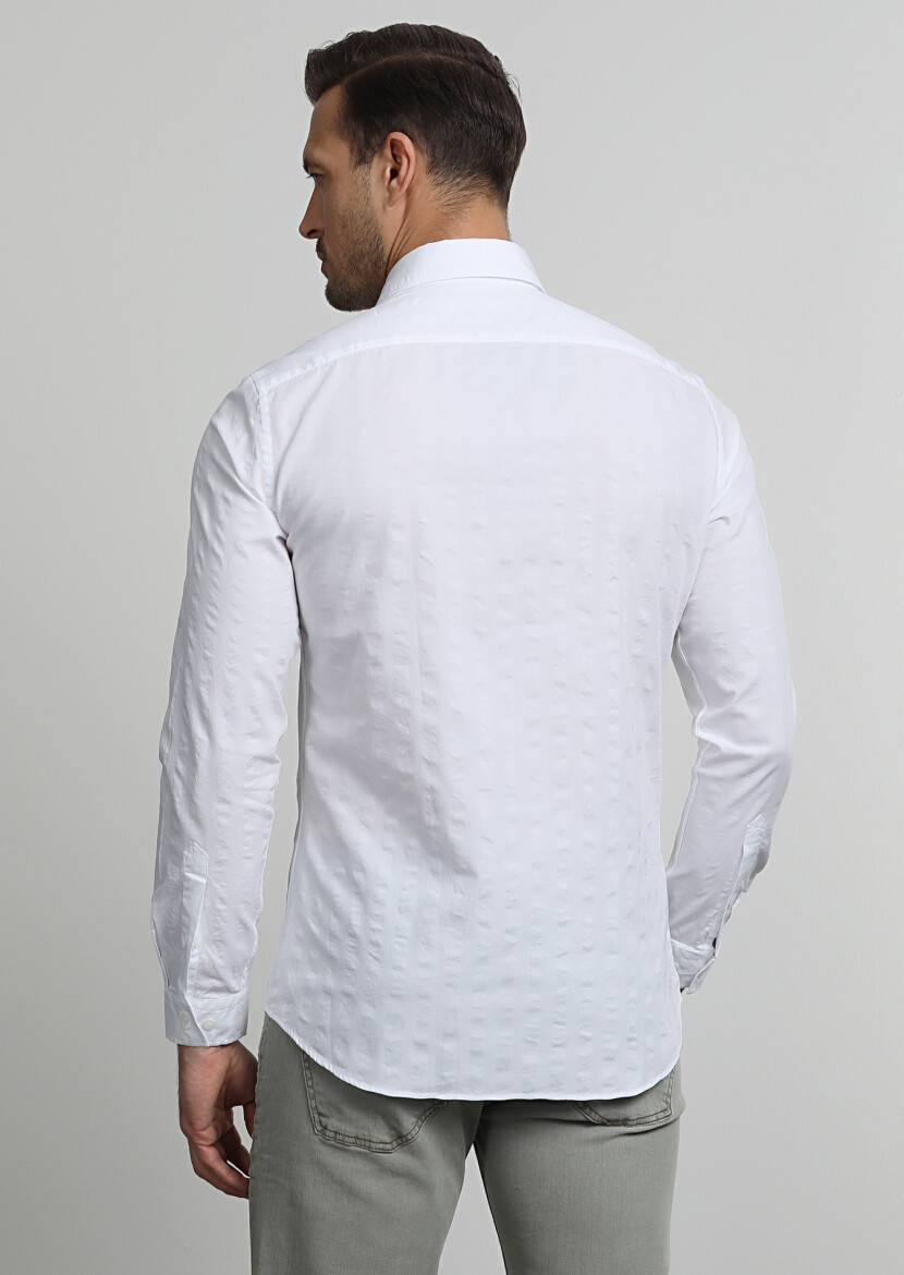 Beyaz Çizgili Slim Fit Uzun Dokuma Casual %100 Pamuk Gömlek - 4