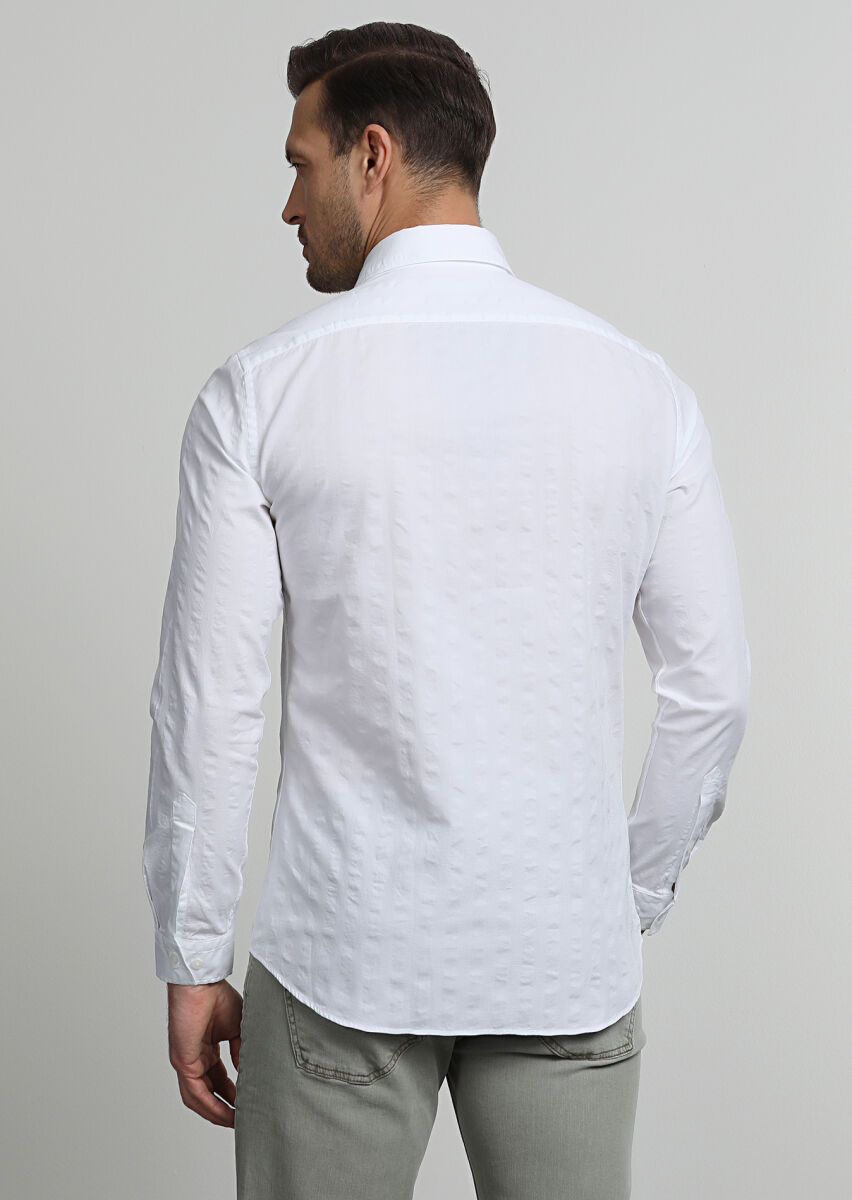 Beyaz Çizgili Slim Fit Uzun Dokuma Casual %100 Pamuk Gömlek - 4