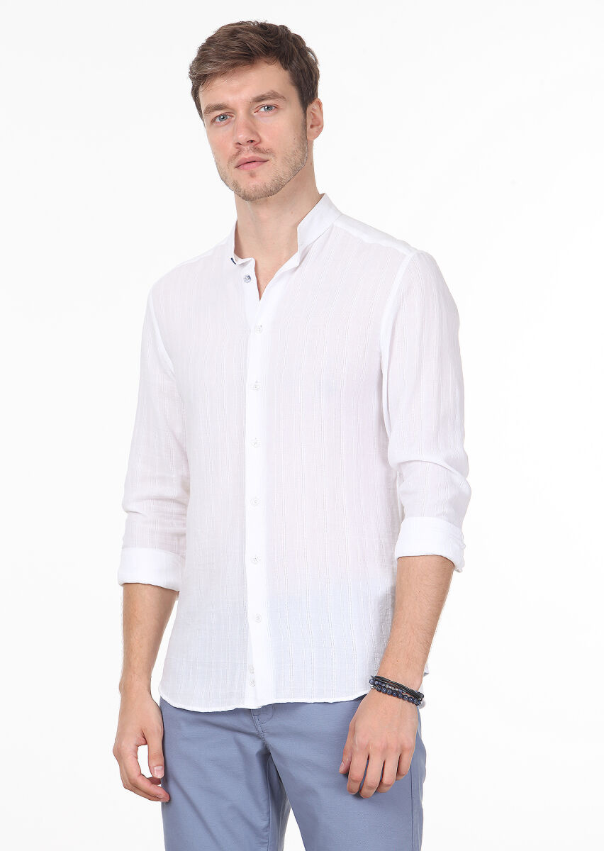 Beyaz Çizgili Slim Fit Uzun Dokuma Casual %100 Pamuk Gömlek - 1