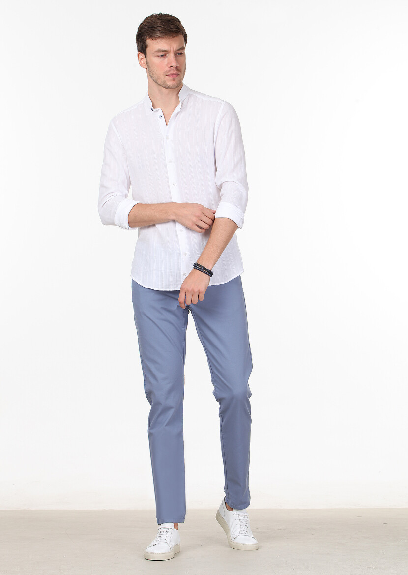 Beyaz Çizgili Slim Fit Uzun Dokuma Casual %100 Pamuk Gömlek - 3