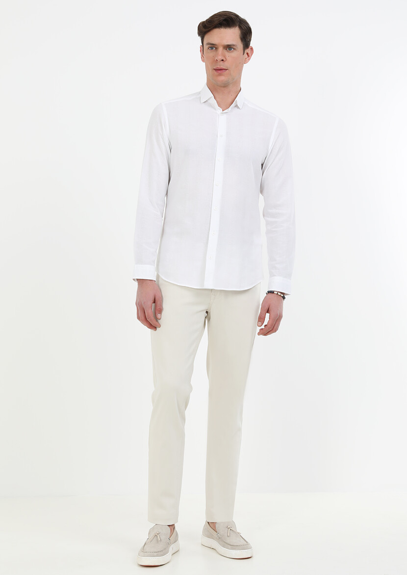 Beyaz Çizgili Slim Fit Uzun Dokuma Casual %100 Pamuk Gömlek 